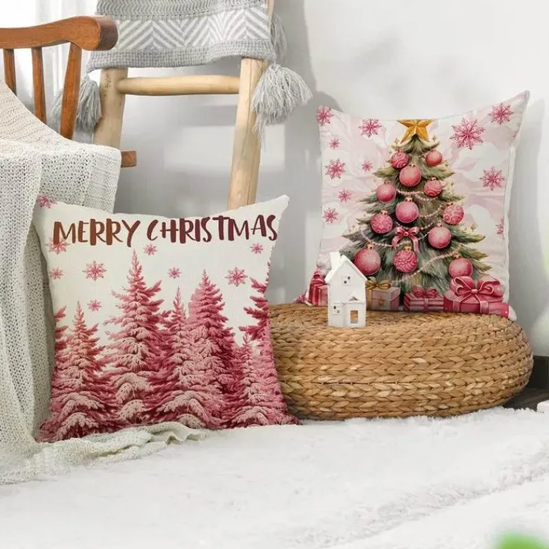 Pillow Haven Bettzeug-Rosa Weihnachtsmann Weihnachtsbaum Kissenbezug - Neujahr Home Decor Sofakissen