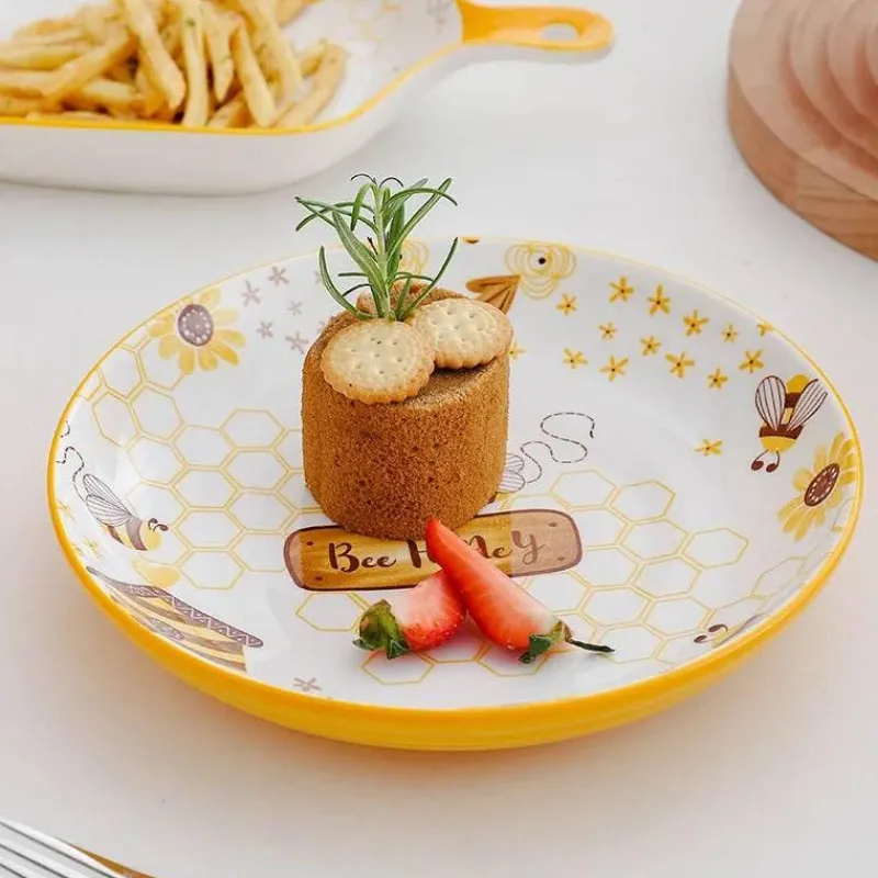 Tom Küche & Esszimmer-Runder handbemalter Keramikteller mit Bienenmotiv für Obstdesserts