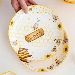 Tom Küche & Esszimmer-Runder handbemalter Keramikteller mit Bienenmotiv für Obstdesserts
