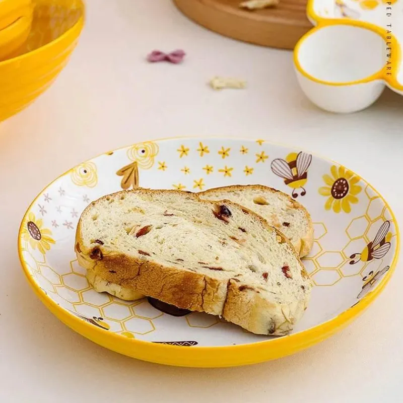 Tom Küche & Esszimmer-Runder handbemalter Keramikteller mit Bienenmotiv für Obstdesserts