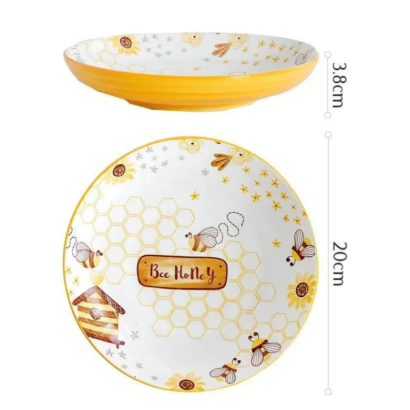 Tom Küche & Esszimmer-Runder handbemalter Keramikteller mit Bienenmotiv für Obstdesserts