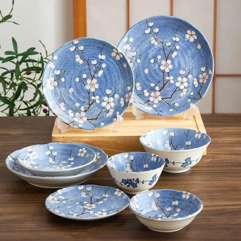 Elegance at the Table Küche & Esszimmer-Sakura Blaues Keramik-Essset - Suppenschüssel, flacher Teller