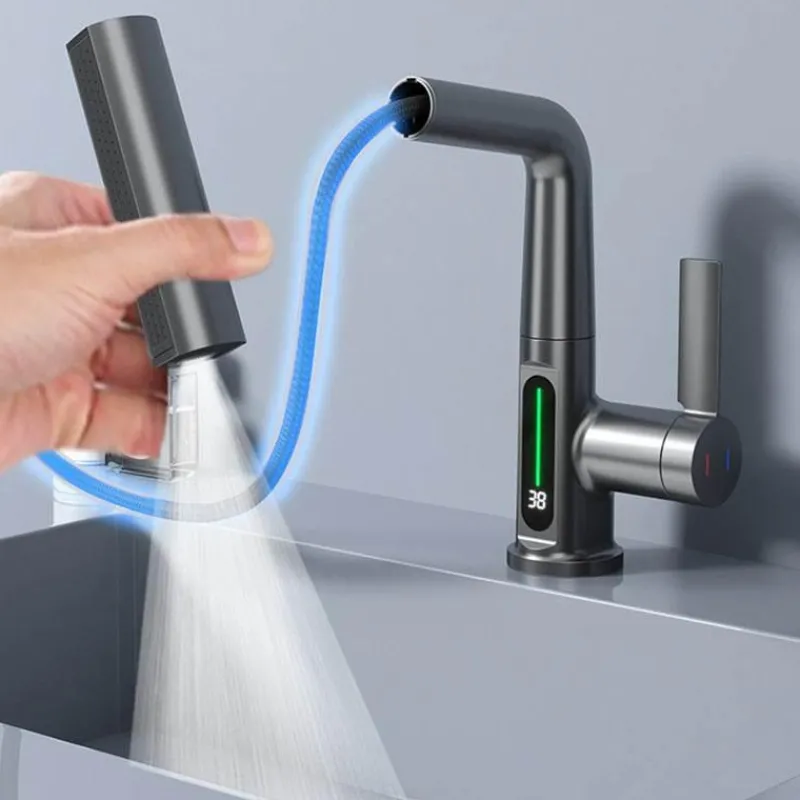 Tranquil Waters Badezimmer|Küche & Esszimmer-Schlanker moderner Wasserfall-Wasserhahn mit Temperaturanzeige