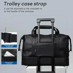 BagAura Taschen & Geldbörsen-Schwarze Reisetasche aus PU – großes Fassungsvermögen, Nass-/Trockenfach, Reisetasche