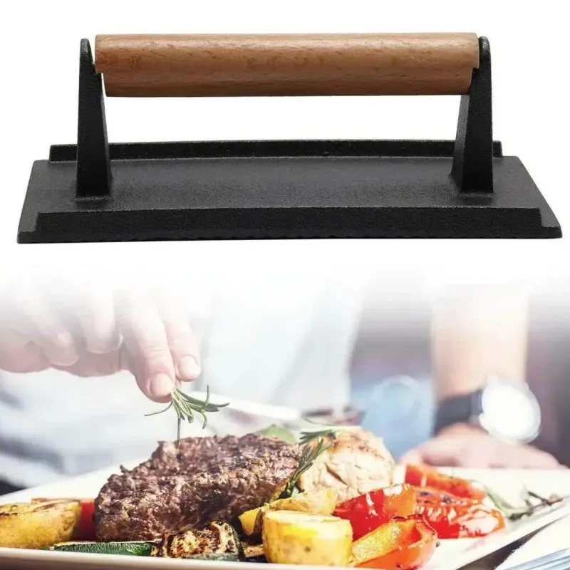 Tom Küche & Esszimmer-Schweres Steakgewicht aus Gusseisen mit Holzgriff – perfektes BBQ-Kochwerkzeug zum Grillen