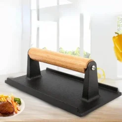 Tom Küche & Esszimmer-Schweres Steakgewicht aus Gusseisen mit Holzgriff – perfektes BBQ-Kochwerkzeug zum Grillen