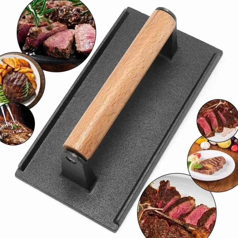 Tom Küche & Esszimmer-Schweres Steakgewicht aus Gusseisen mit Holzgriff – perfektes BBQ-Kochwerkzeug zum Grillen