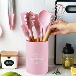 Tom Küche & Esszimmer-Silikon-Kochutensilien-Set – Küchenutensilien mit Holzgriff