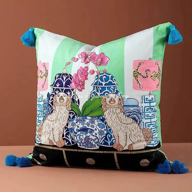 Pillow Haven Bettzeug-Staffordshire Hund Kissenbezug - Chinoiserie Dekokissen