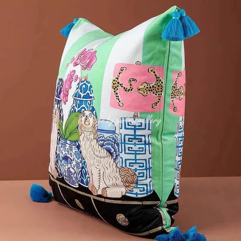 Pillow Haven Bettzeug-Staffordshire Hund Kissenbezug - Chinoiserie Dekokissen