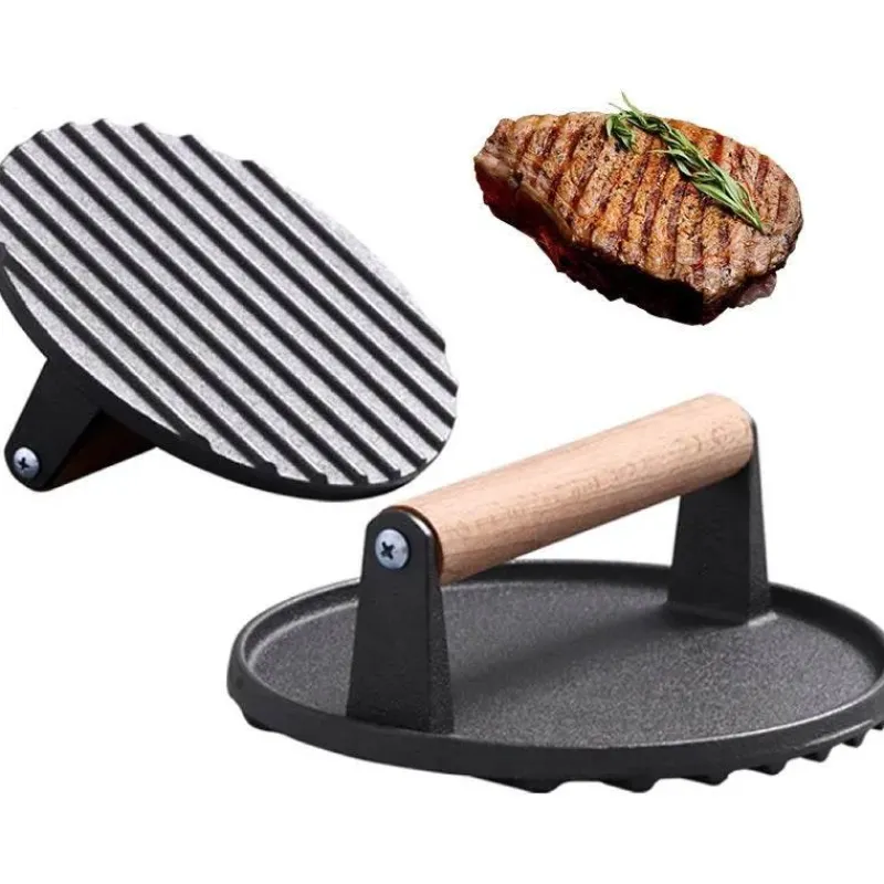 Tom Küche & Esszimmer-Steakpresse aus Gusseisen für perfektes Grillen – BBQ-Tool mit Holzgriff