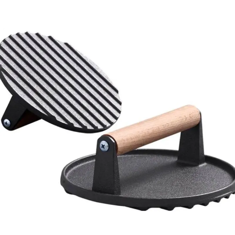 Tom Küche & Esszimmer-Steakpresse aus Gusseisen für perfektes Grillen – BBQ-Tool mit Holzgriff