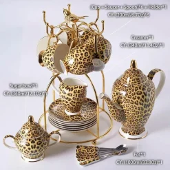 Feast u0026 Flair Küche & Esszimmer-Tee- und Kaffeeservice aus Knochenporzellan mit Leopardenmuster – elegantes Trinkgeschirr aus Porzellan