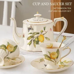 Elegance at the Table Küche & Esszimmer-Tee- und Kaffeeservice aus Keramik – Zitronenteekanne mit goldenem Rand und Untertasse