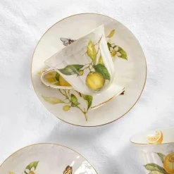 Elegance at the Table Küche & Esszimmer-Tee- und Kaffeeservice aus Keramik – Zitronenteekanne mit goldenem Rand und Untertasse