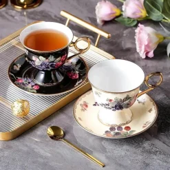 Feast u0026 Flair Küche & Esszimmer-Teegeschirr-Set aus Bone China – Schwarzer Tee, Tasse und Untertasse, Kaffee im französischen Stil