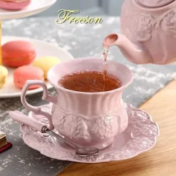 Feast u0026 Flair Küche & Esszimmer-Teekannen- und Tassenset mit rosa Blumenmuster – Britisches Retro-Teeservice aus Keramik