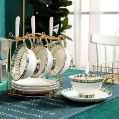 The Cozy Mug Küche & Esszimmer-Teeservice aus Bone China – Teekanne aus Porzellan mit blauen Punkten, Tassen, Milchkännchen, Zuckerdose