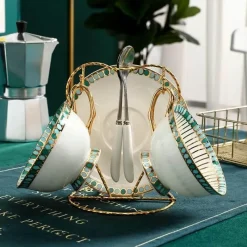 The Cozy Mug Küche & Esszimmer-Teeservice aus Bone China – Teekanne aus Porzellan mit blauen Punkten, Tassen, Milchkännchen, Zuckerdose