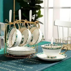 The Cozy Mug Küche & Esszimmer-Teeservice aus Bone China – Teekanne aus Porzellan mit blauen Punkten, Tassen, Milchkännchen, Zuckerdose