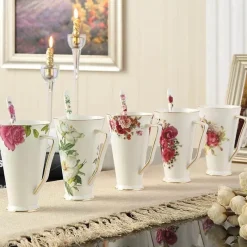 Feast u0026 Flair Küche & Esszimmer-Teetassen-Set aus Bone China mit Blumenmuster – elegantes europäisches Design mit Löffel