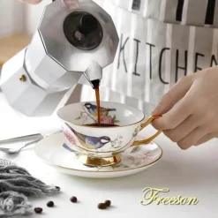 Feast u0026 Flair Küche & Esszimmer-Teetassen-Set aus Bone China – Pastorales Vogel-Design, 200 ml, englische Kaffeetassen aus Porzellan
