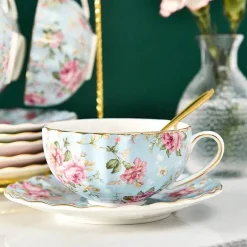 Plates u0026 More Küche & Esszimmer-Teetassen-Set aus Bone China – 2-teilig, Blumenmuster, Porzellan, Kaffeetasse, Geschenk, 200 ml