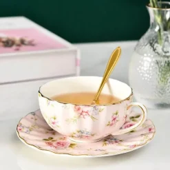 Plates u0026 More Küche & Esszimmer-Teetassen-Set aus Bone China – 2-teilig, Blumenmuster, Porzellan, Kaffeetasse, Geschenk, 200 ml