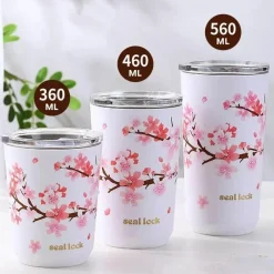 Tom Küche & Esszimmer-Thermo-Reisebecher mit Kirschblütenmotiv, auslaufsicherer Edelstahl mit Strohhalm