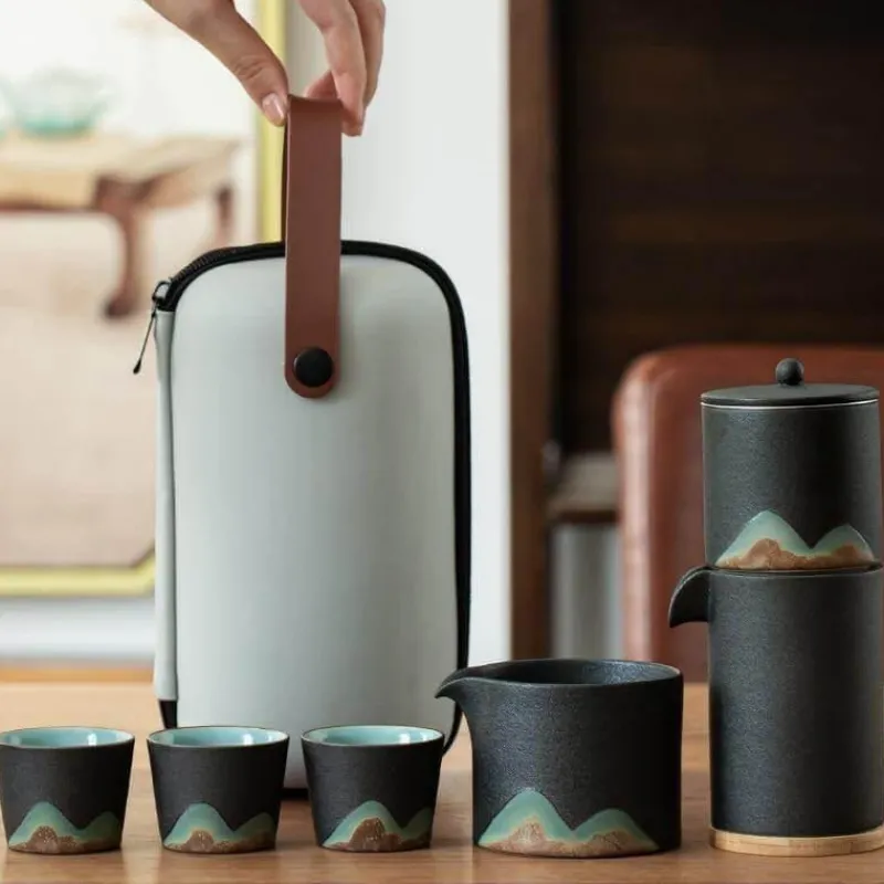 The Cozy Mug Küche & Esszimmer-Tragbares Bergteekanne-Set – Reise-Keramikteekanne mit 3 Tassen