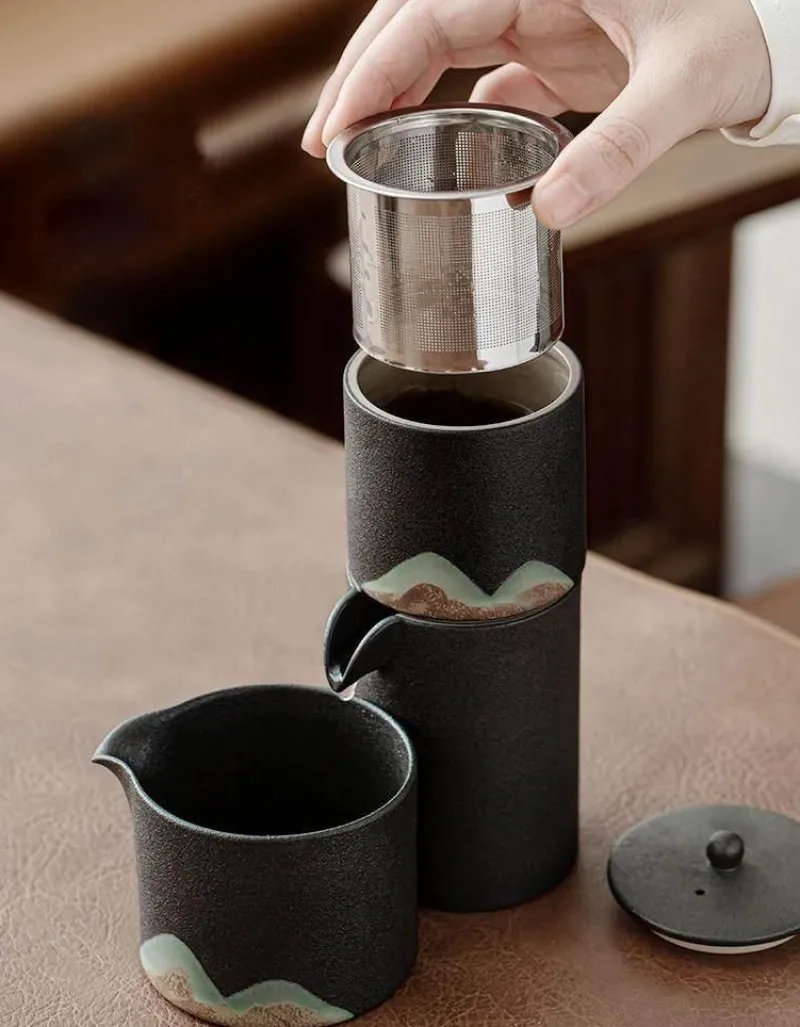 The Cozy Mug Küche & Esszimmer-Tragbares Bergteekanne-Set – Reise-Keramikteekanne mit 3 Tassen