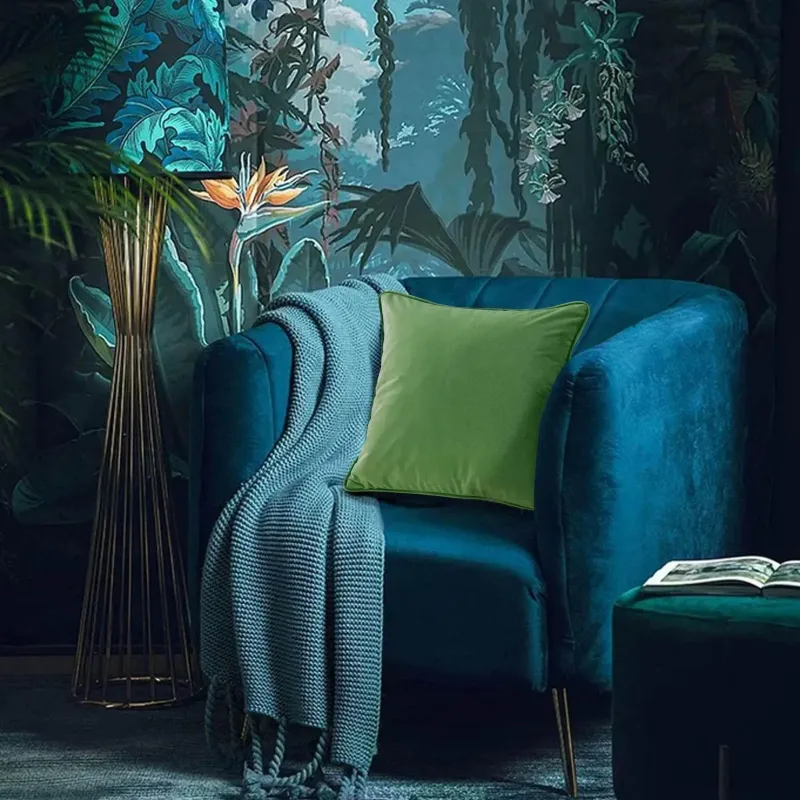 Pillow Haven Bettzeug-Tropischer Kissenbezug aus Samt – Palmenblätter-Tierdruck mit Quasten