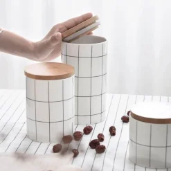The Decor Haven Küche & Esszimmer-Umweltfreundlicher Lebensmittelbehälter aus Keramik mit Bambusdeckel – Aufbewahrungslösung für die Küche