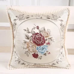 Pillow Haven Bettzeug-Vintage Blumen Kissenbezug - Rot Elfenbein Jacquard Europäisches Design 19x19 Zoll