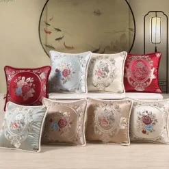 Pillow Haven Bettzeug-Vintage Blumen Kissenbezug - Rot Elfenbein Jacquard Europäisches Design 19x19 Zoll