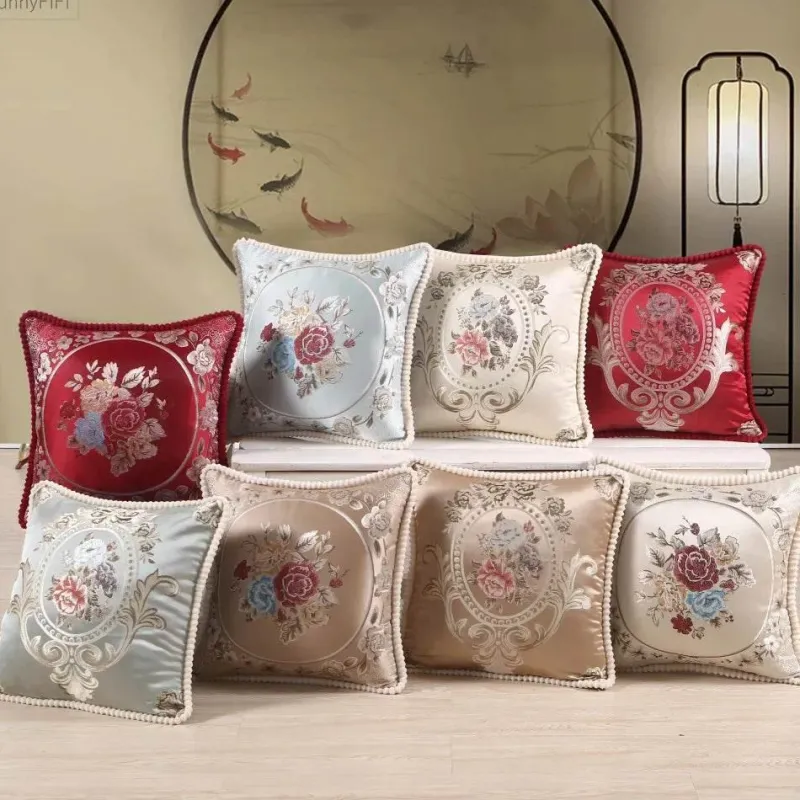 Pillow Haven Bettzeug-Vintage Blumen Kissenbezug - Rot Elfenbein Jacquard Europäisches Design 19x19 Zoll