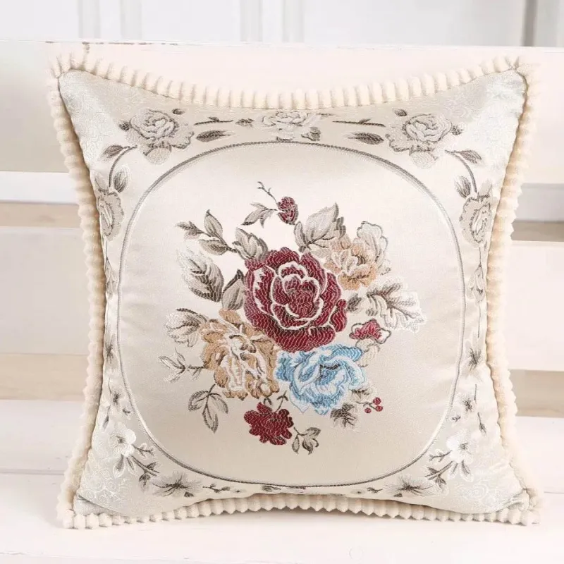 Pillow Haven Bettzeug-Vintage Blumen Kissenbezug - Rot Elfenbein Jacquard Europäisches Design 19x19 Zoll