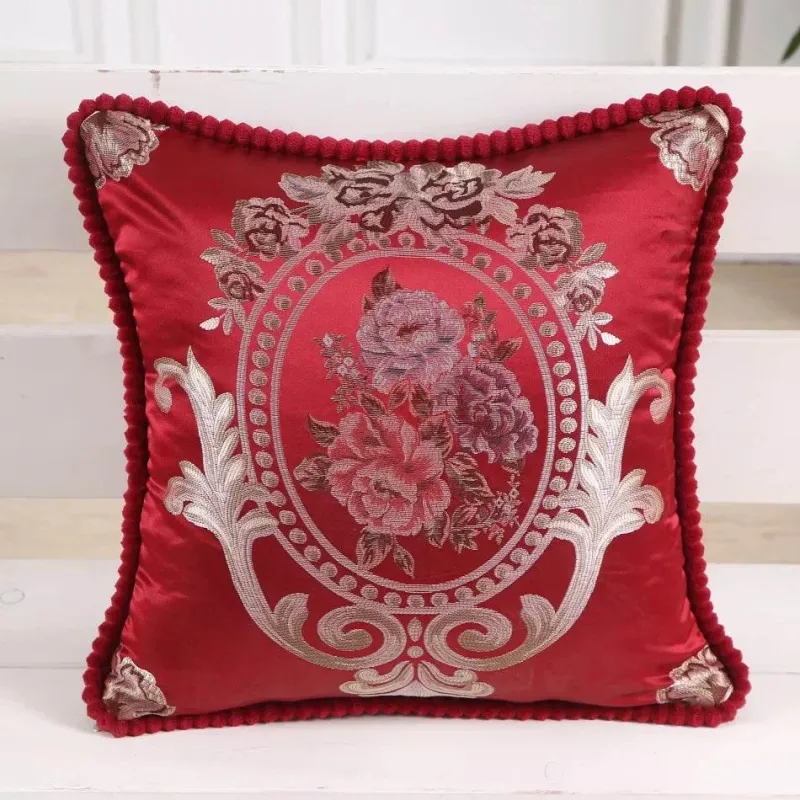 Pillow Haven Bettzeug-Vintage Blumen Kissenbezug - Rot Elfenbein Jacquard Europäisches Design 19x19 Zoll