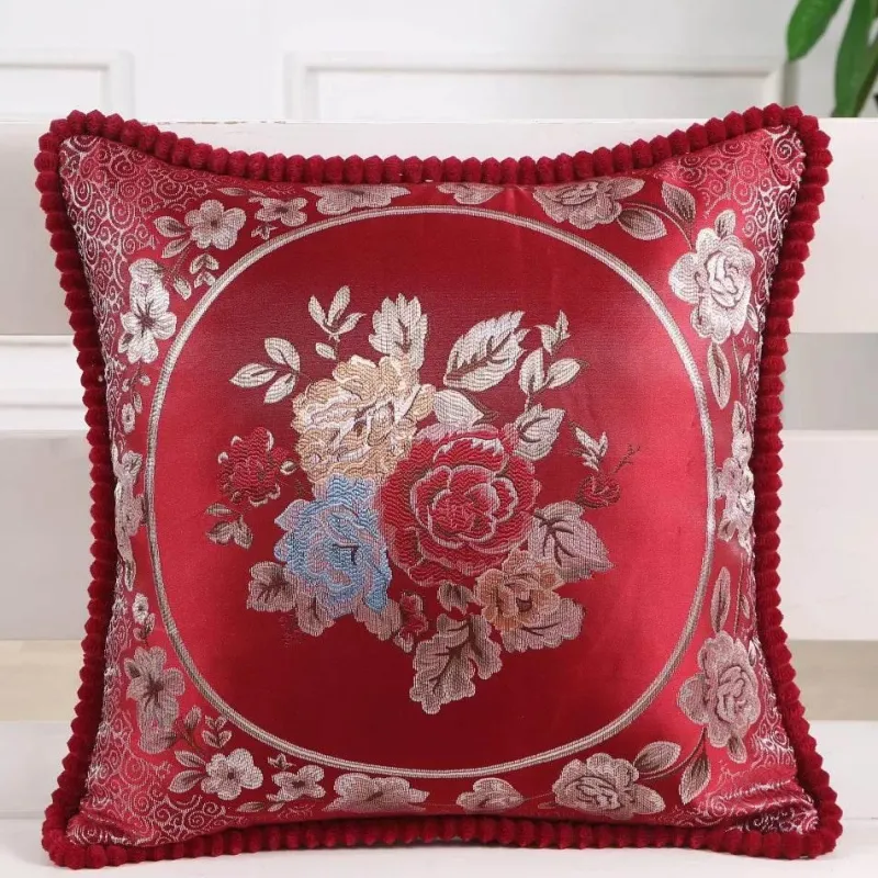 Pillow Haven Bettzeug-Vintage Blumen Kissenbezug - Rot Elfenbein Jacquard Europäisches Design 19x19 Zoll