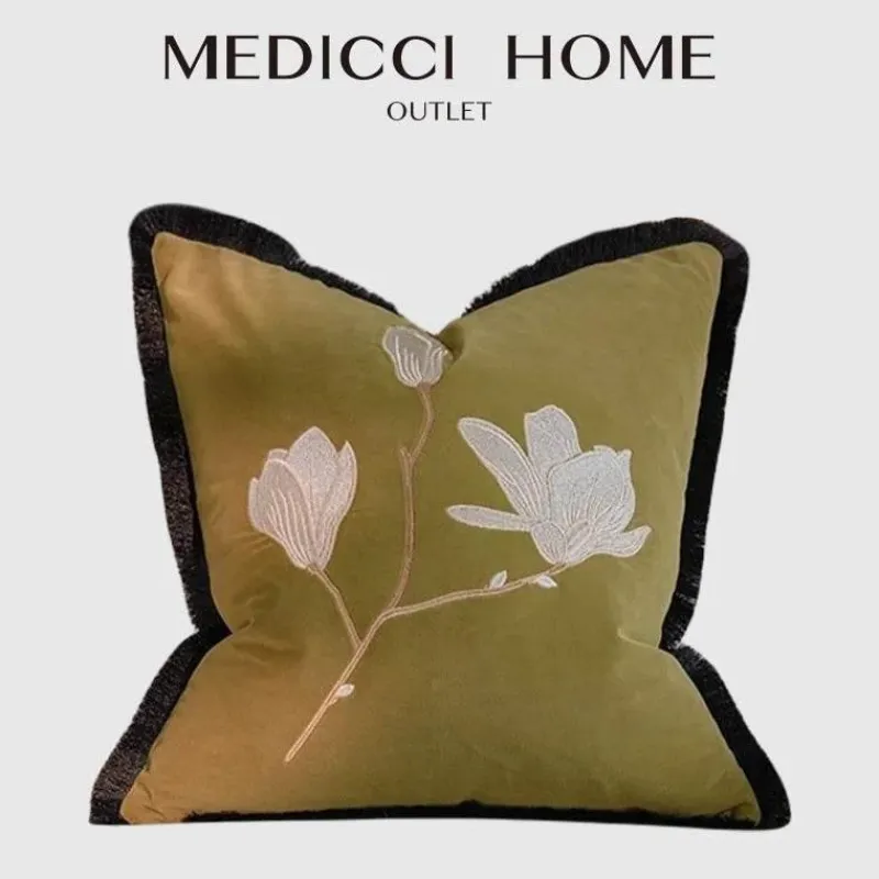 Pillow Haven Bettzeug-Vintage Samt Kissenbezug - Französische Magnolienstickerei für Sofa