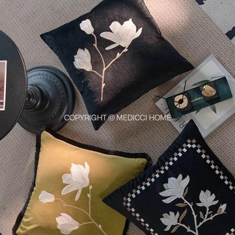 Pillow Haven Bettzeug-Vintage Samt Kissenbezug - Französische Magnolienstickerei für Sofa