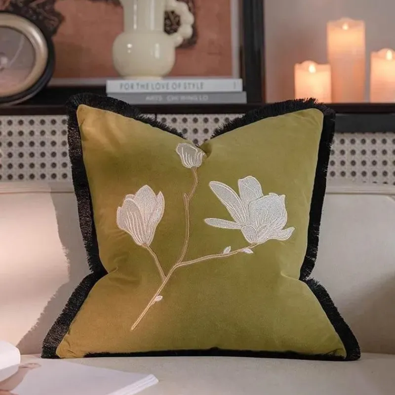 Pillow Haven Bettzeug-Vintage Samt Kissenbezug - Französische Magnolienstickerei für Sofa