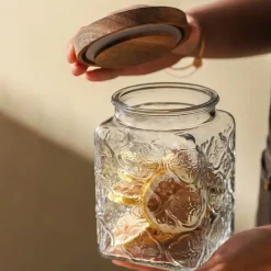 Cozy Nest Decor Küche & Esszimmer-Vorratsdose aus geprägtem Glas – Begonien-Design