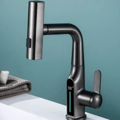 The Blissful Bath Badezimmer-Wasserhahn mit digitaler Temperaturanzeige – anhebbarer Wasserfall-Waschbeckenhahn