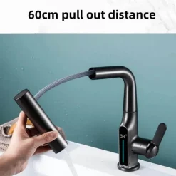 The Blissful Bath Badezimmer-Wasserhahn mit digitaler Temperaturanzeige – anhebbarer Wasserfall-Waschbeckenhahn