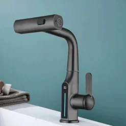 The Blissful Bath Badezimmer-Wasserhahn mit digitaler Temperaturanzeige – anhebbarer Wasserfall-Waschbeckenhahn