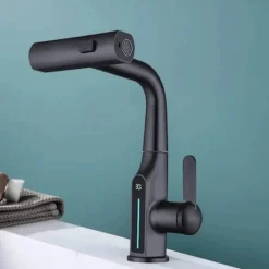 The Blissful Bath Badezimmer-Wasserhahn mit digitaler Temperaturanzeige – anhebbarer Wasserfall-Waschbeckenhahn