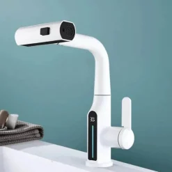 The Blissful Bath Badezimmer-Wasserhahn mit digitaler Temperaturanzeige – anhebbarer Wasserfall-Waschbeckenhahn